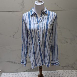 J Crew White and Blue Striped Button-Up Top w/ Front Pocket